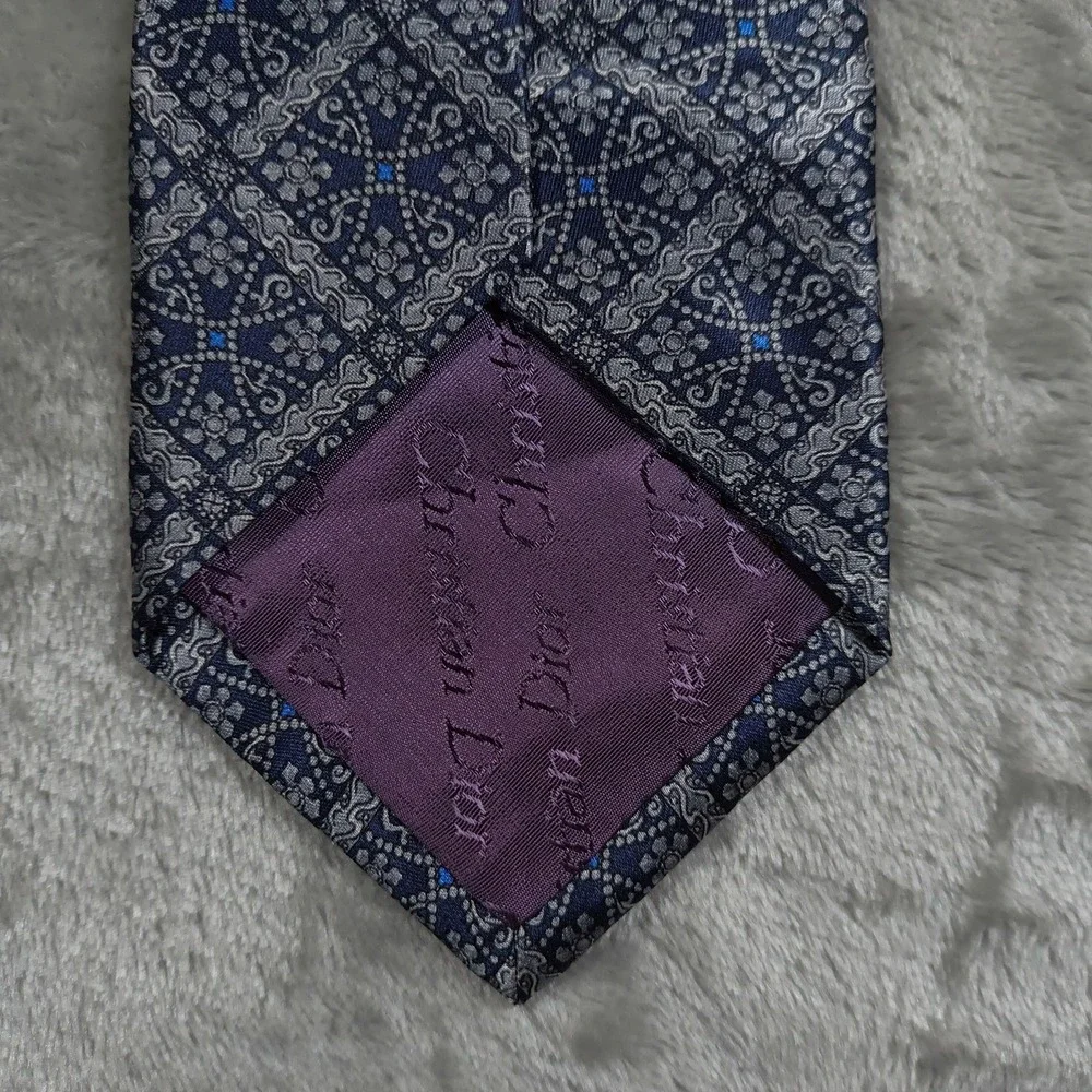 Vintage Christian Dior Monsieur Tie Mens 56.5x3.5 Blue Silver Geometric Abstract